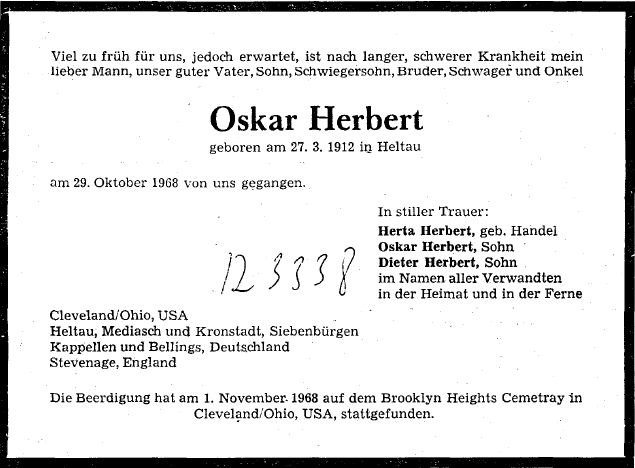 Herbert Oskar 1912-1968 Todesanzeige